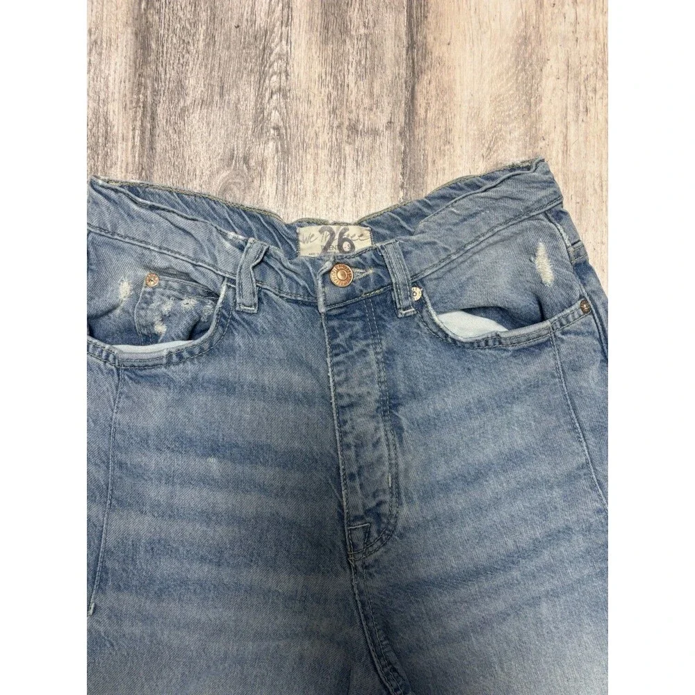 Free People We The Free High Rise Wide Leg Jeans Raw Hem Distressed 26 Boho